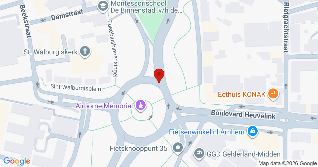 Kaart van het incident in Arnhem met de aanrijroutes van de gealarmeerde eenheden