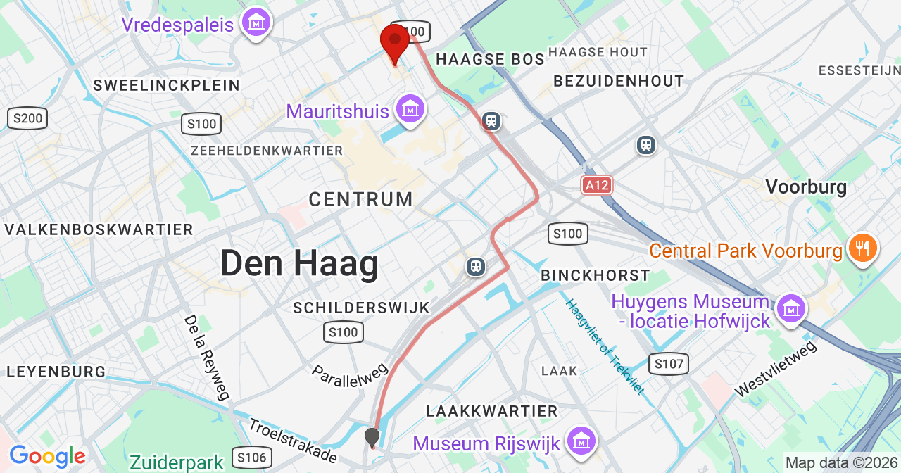Kaart van het incident in 's-Gravenhage met de aanrijroutes van de gealarmeerde eenheden