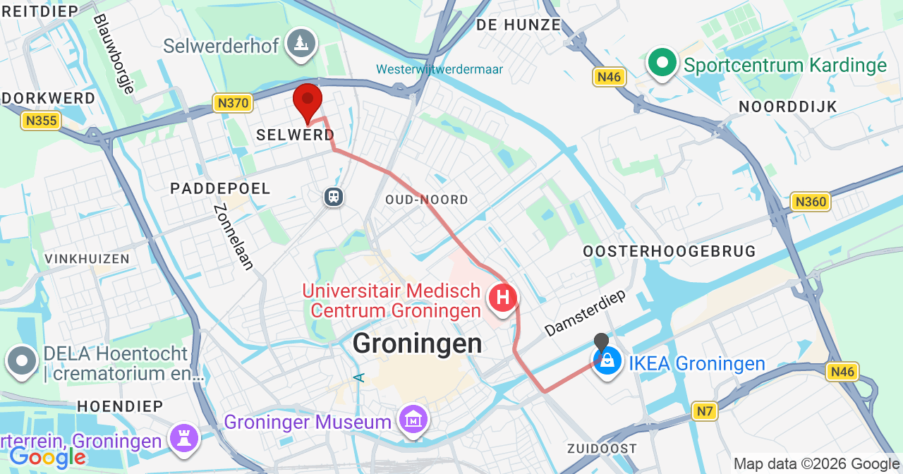 Kaart van het incident in Groningen met de aanrijroutes van de gealarmeerde eenheden