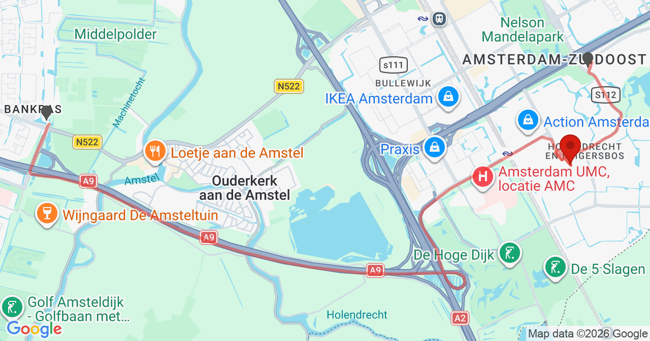 Kaart van het incident in Amsterdam met de aanrijroutes van de gealarmeerde eenheden