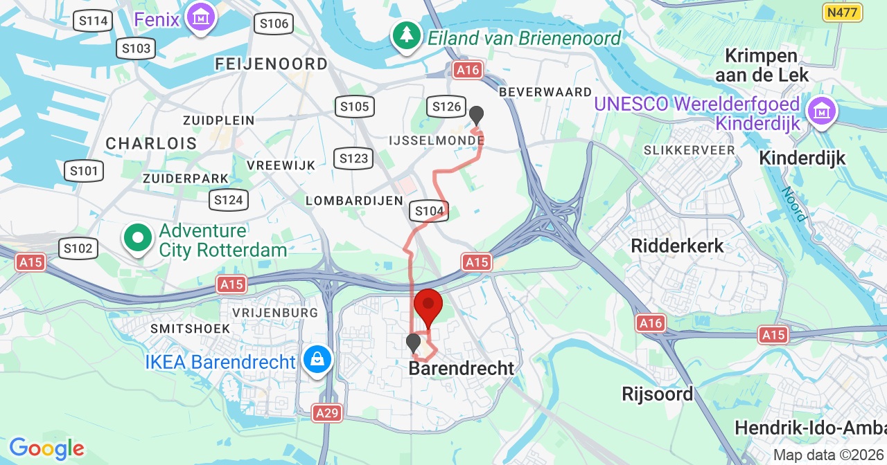 Kaart van het incident in Barendrecht met de aanrijroutes van de gealarmeerde eenheden