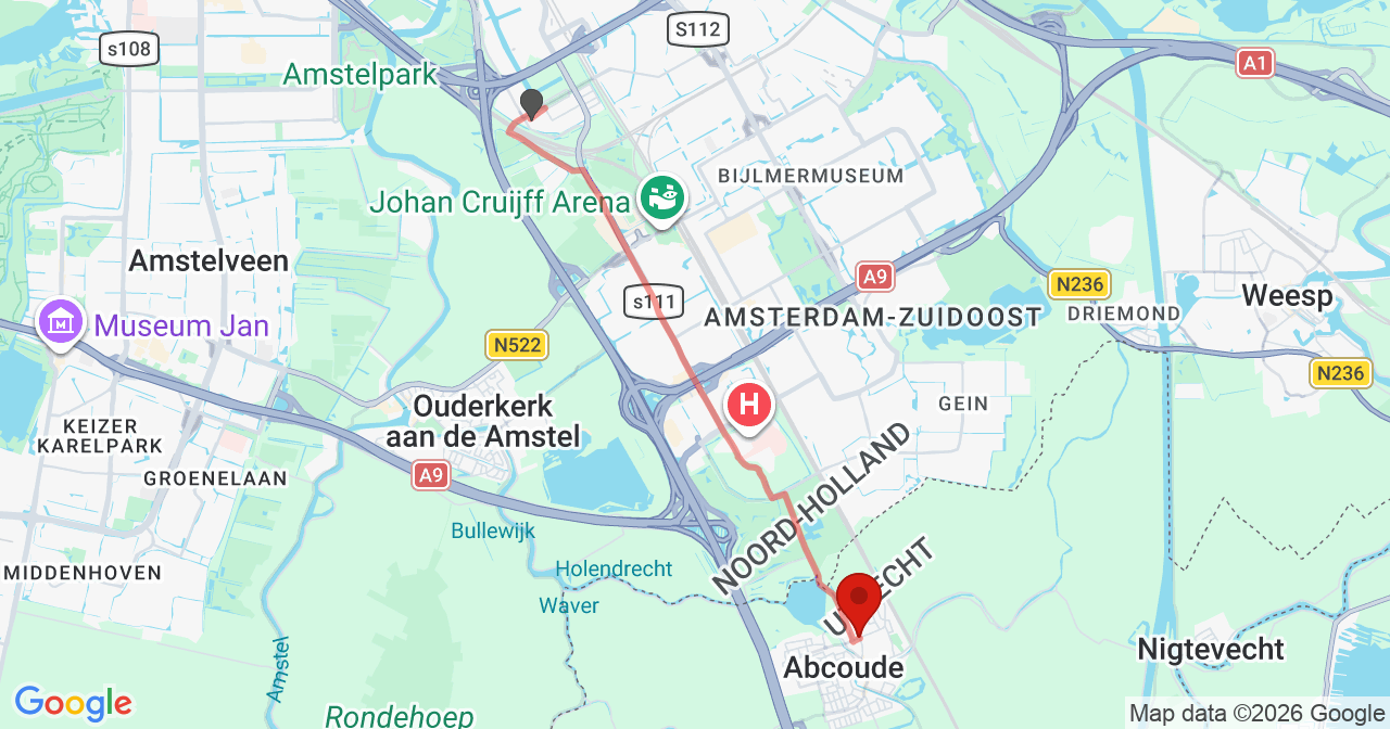 Kaart van het incident in Abcoude met de aanrijroutes van de gealarmeerde eenheden