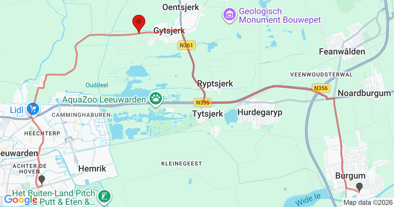 Kaart van het incident in Gytsjerk met de aanrijroutes van de gealarmeerde eenheden