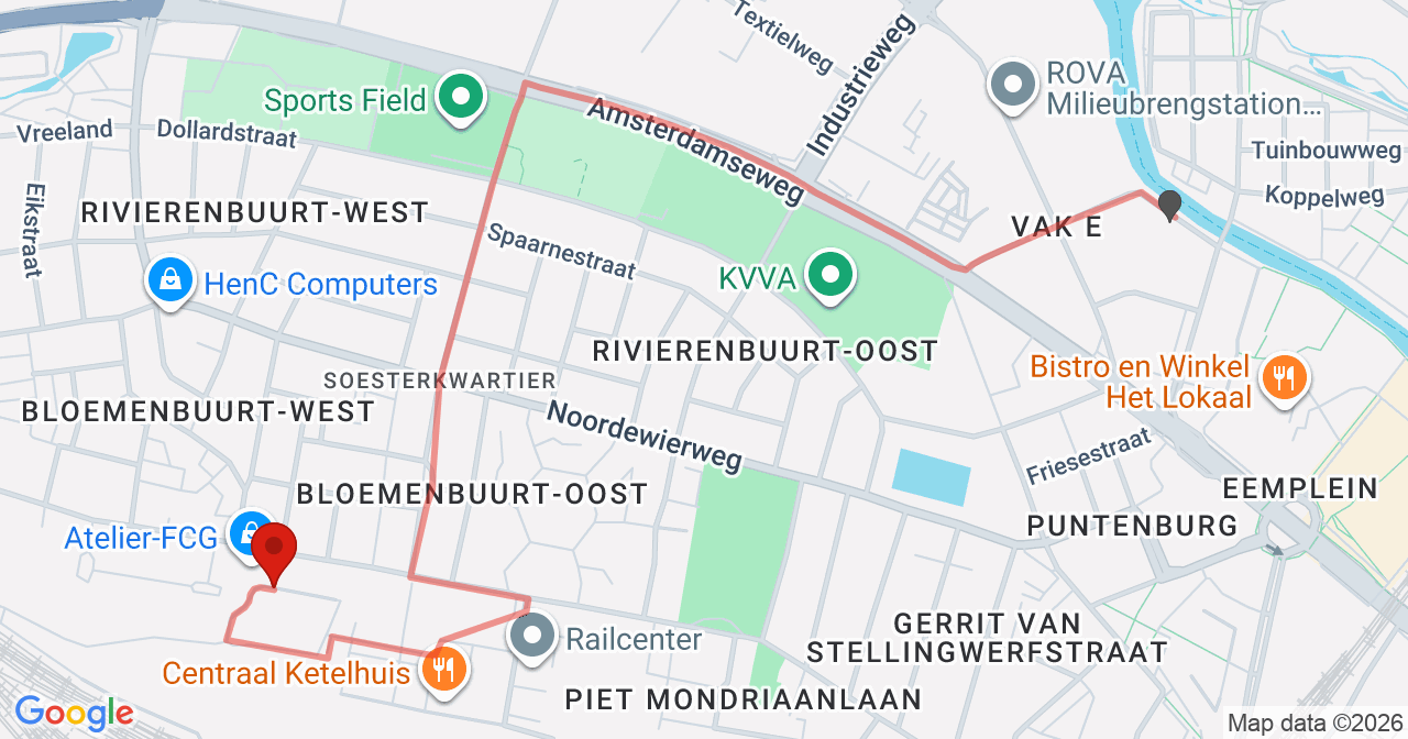 Kaart van het incident in Amersfoort met de aanrijroutes van de gealarmeerde eenheden