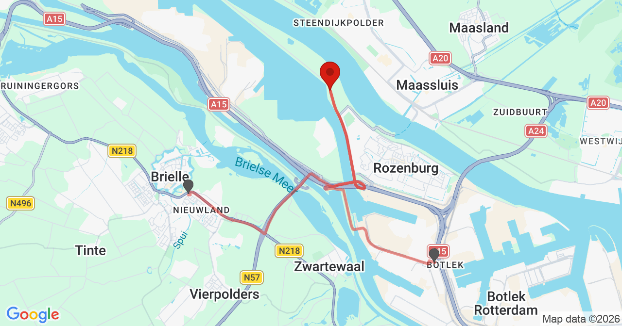 Kaart van het incident in Rozenburg ZH met de aanrijroutes van de gealarmeerde eenheden