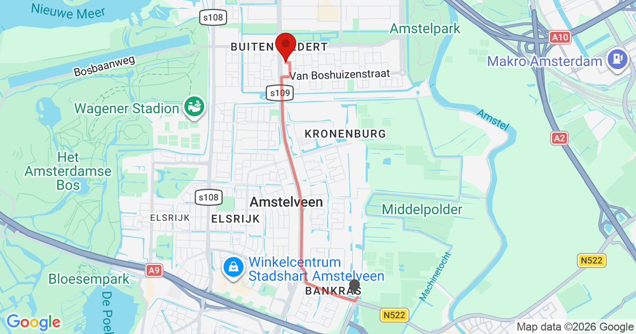 Kaart van het incident in Amsterdam met de aanrijroutes van de gealarmeerde eenheden