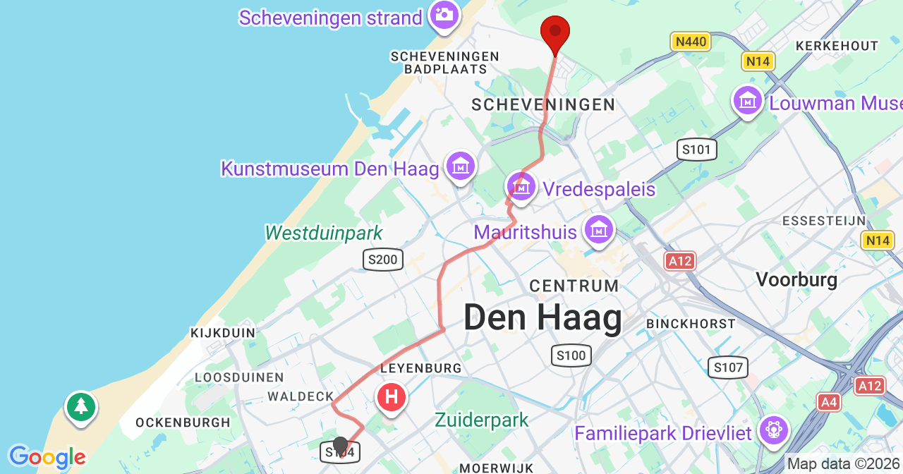 Kaart van het incident in 's-Gravenhage met de aanrijroutes van de gealarmeerde eenheden