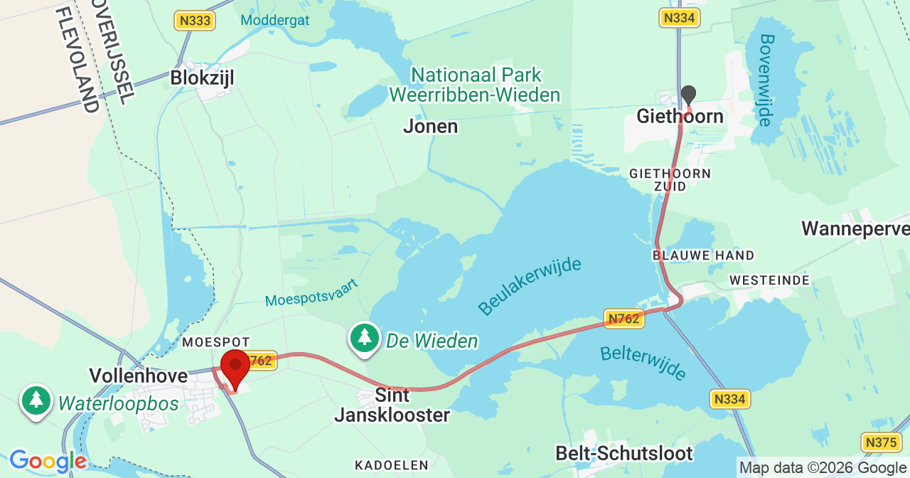 Kaart van het incident in Vollenhove met de aanrijroutes van de gealarmeerde eenheden