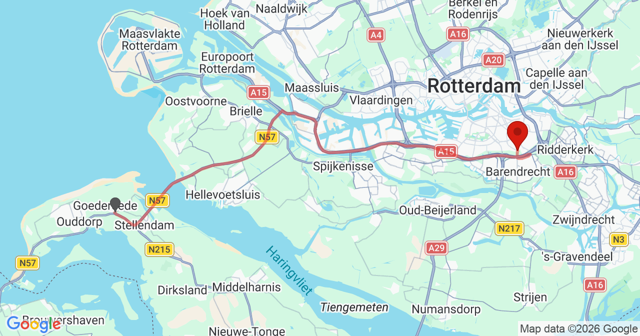 Kaart van het incident in Barendrecht met de aanrijroutes van de gealarmeerde eenheden
