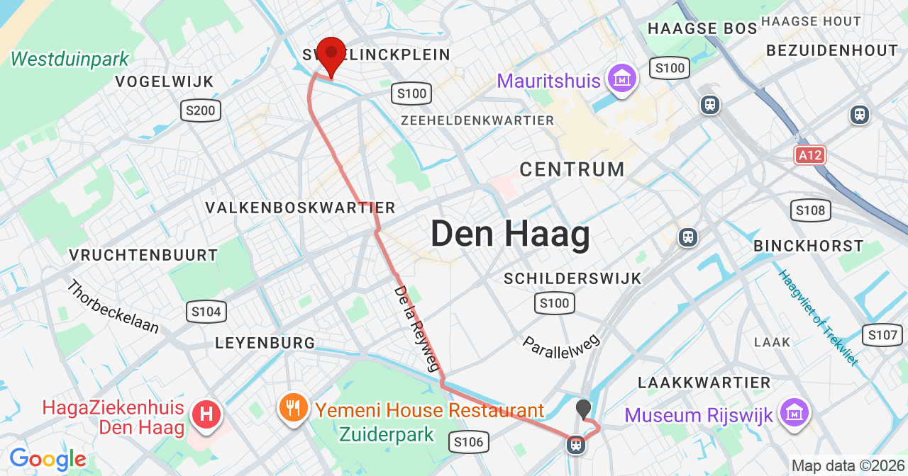 Kaart van het incident in 's-Gravenhage met de aanrijroutes van de gealarmeerde eenheden