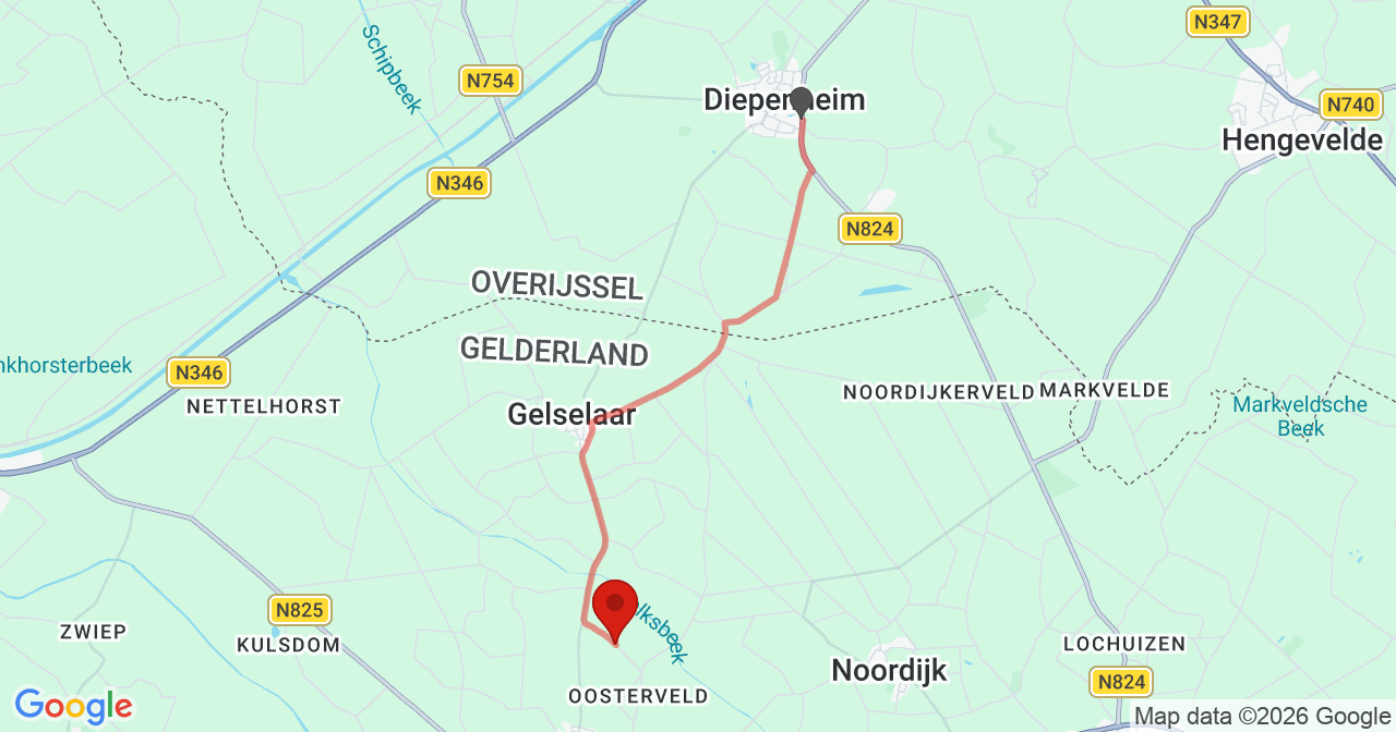 Kaart van het incident in Geesteren met de aanrijroutes van de gealarmeerde eenheden