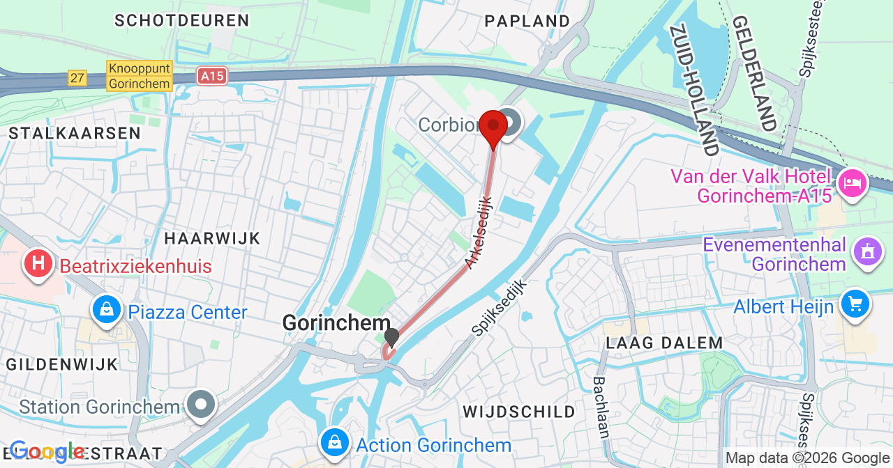 Kaart van het incident in Gorinchem met de aanrijroutes van de gealarmeerde eenheden