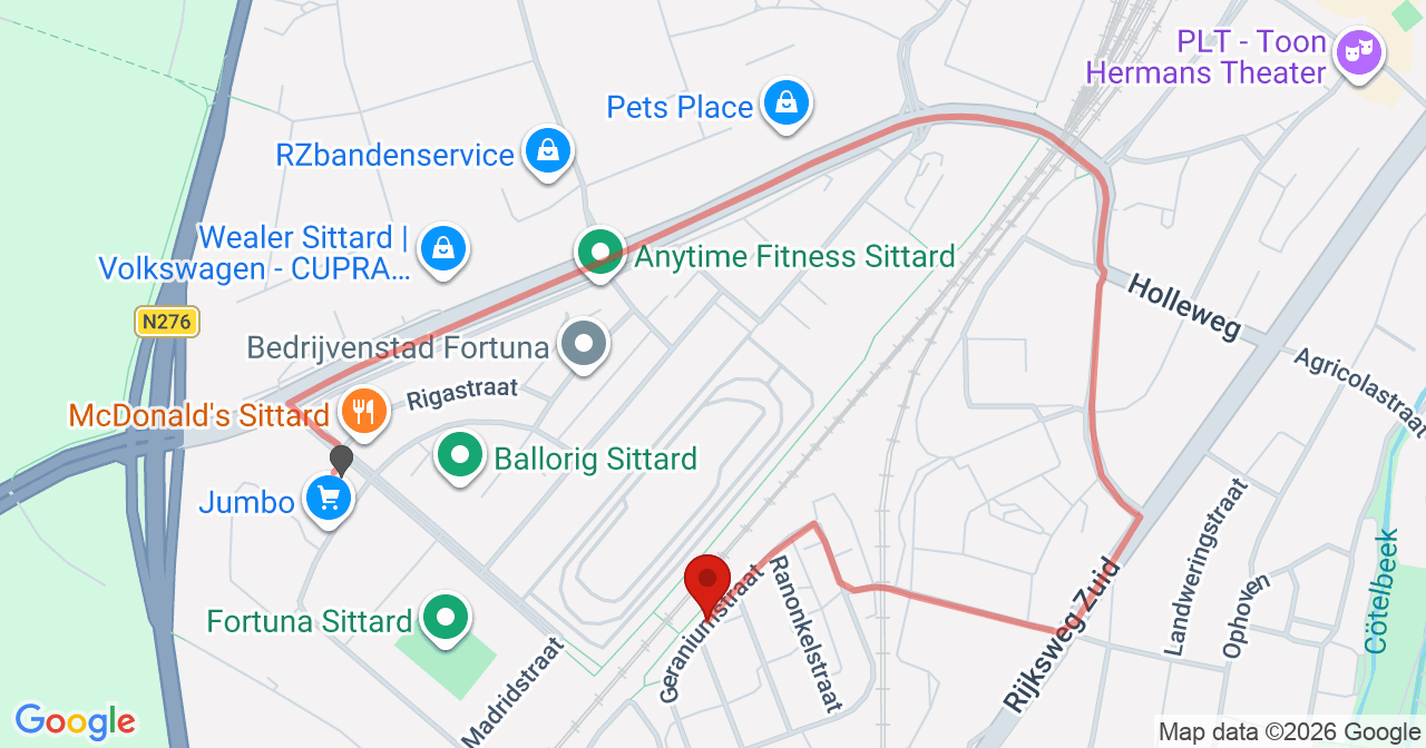 Kaart van het incident in Sittard met de aanrijroutes van de gealarmeerde eenheden