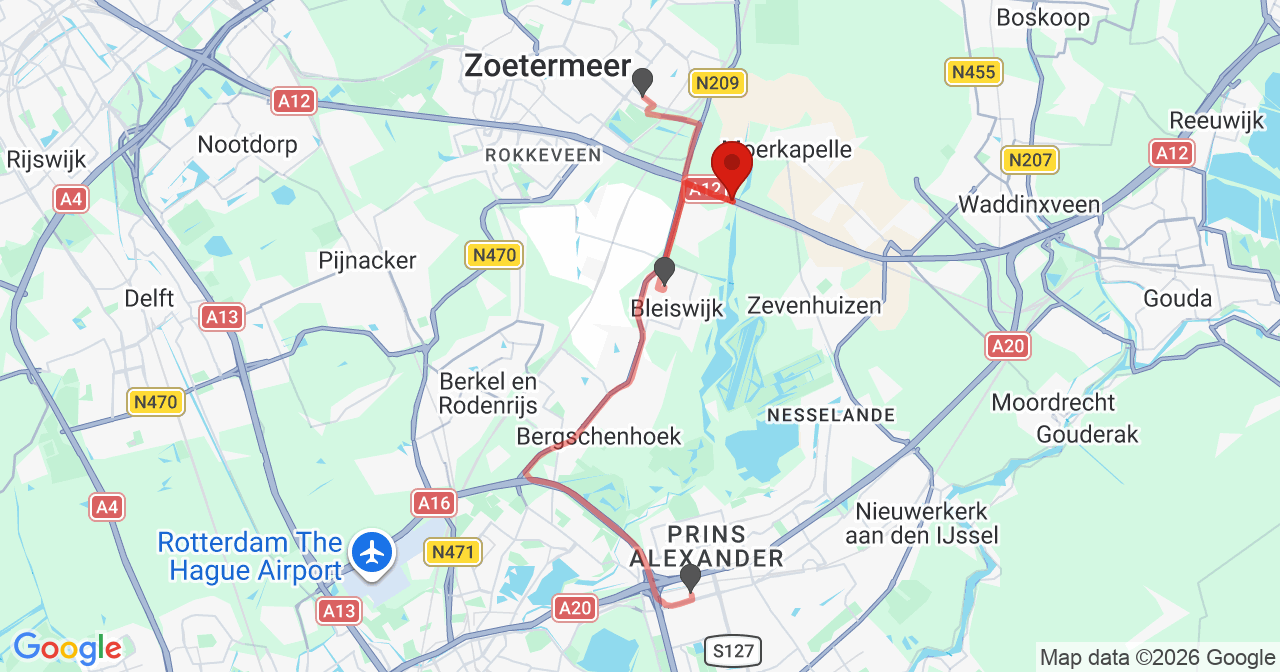 Kaart van het incident in Bleiswijk met de aanrijroutes van de gealarmeerde eenheden