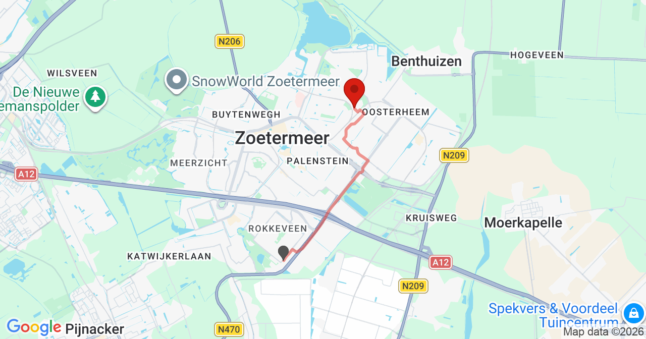 Kaart van het incident in Zoetermeer met de aanrijroutes van de gealarmeerde eenheden