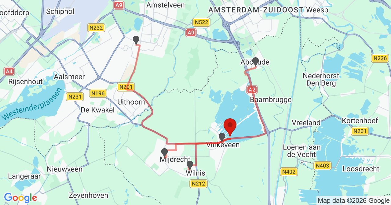 Kaart van het incident in Vinkeveen met de aanrijroutes van de gealarmeerde eenheden