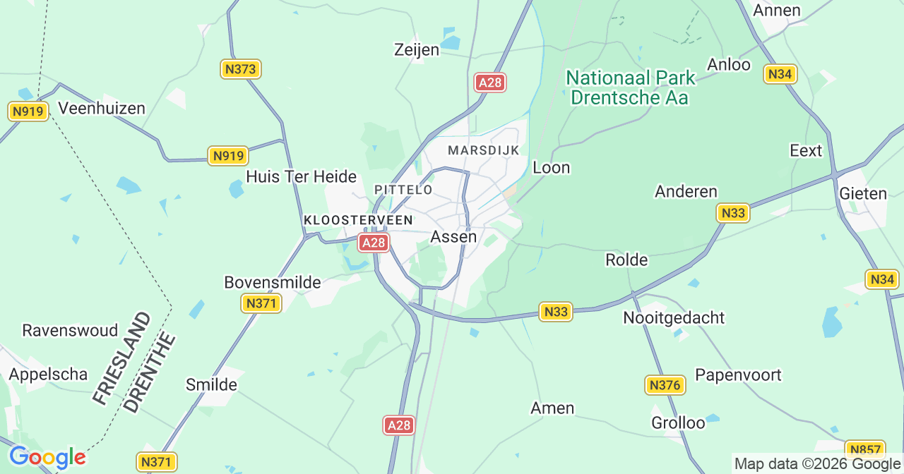 Kaart van het incident in Assen met de aanrijroutes van de gealarmeerde eenheden