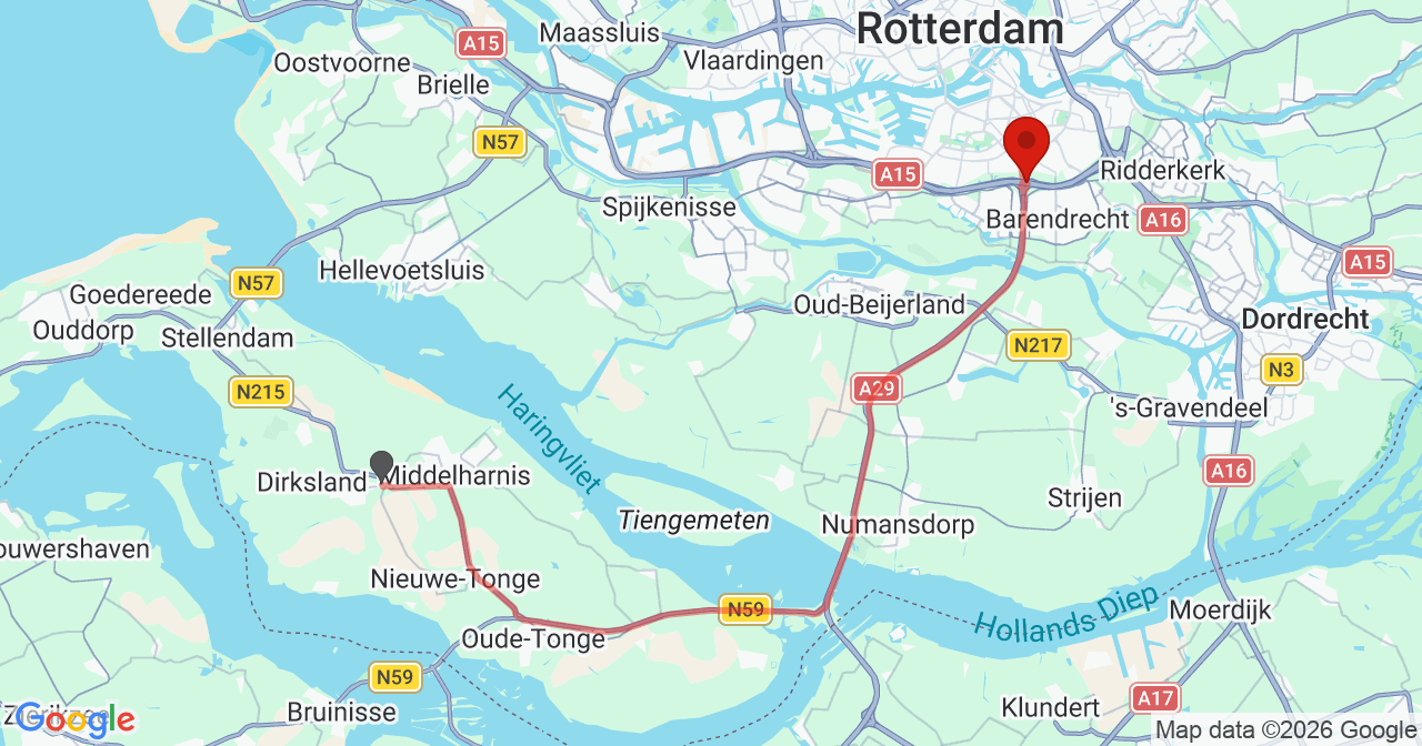 Kaart van het incident in Barendrecht met de aanrijroutes van de gealarmeerde eenheden