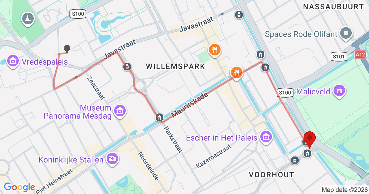 Kaart van het incident in 's-Gravenhage met de aanrijroutes van de gealarmeerde eenheden