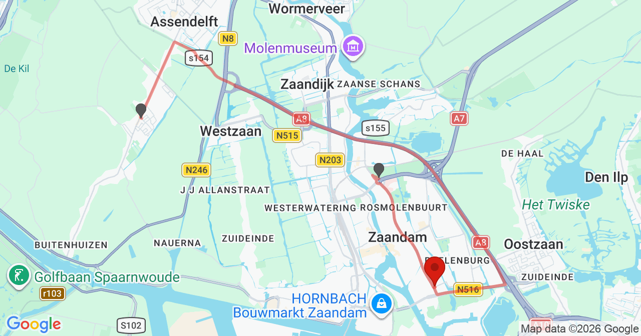 Kaart van het incident in Zaandam met de aanrijroutes van de gealarmeerde eenheden