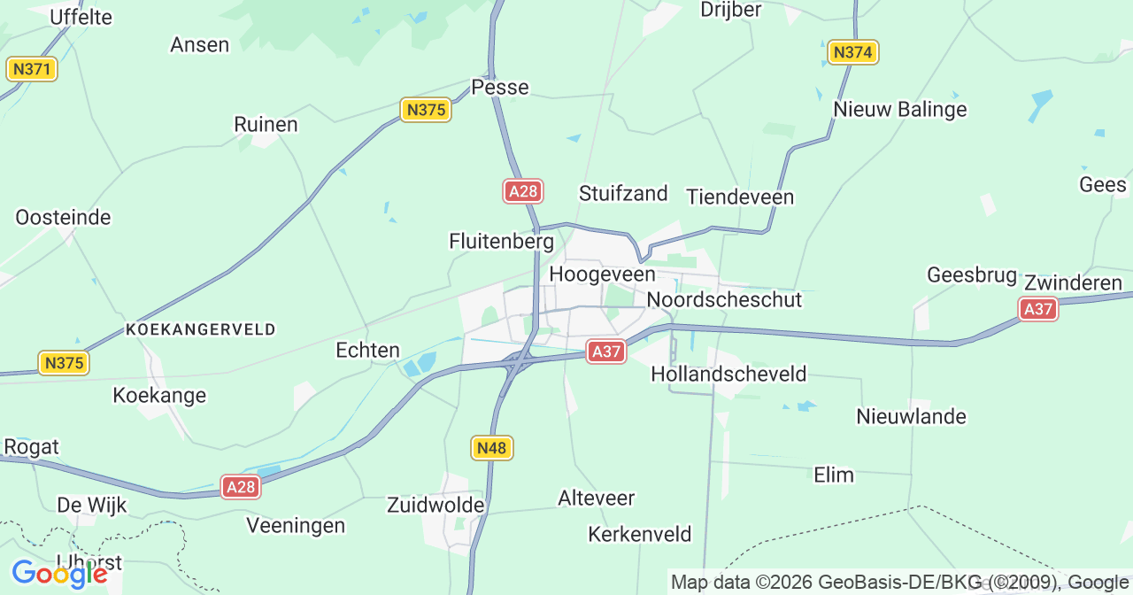 Kaart van het incident in Hoogeveen met de aanrijroutes van de gealarmeerde eenheden