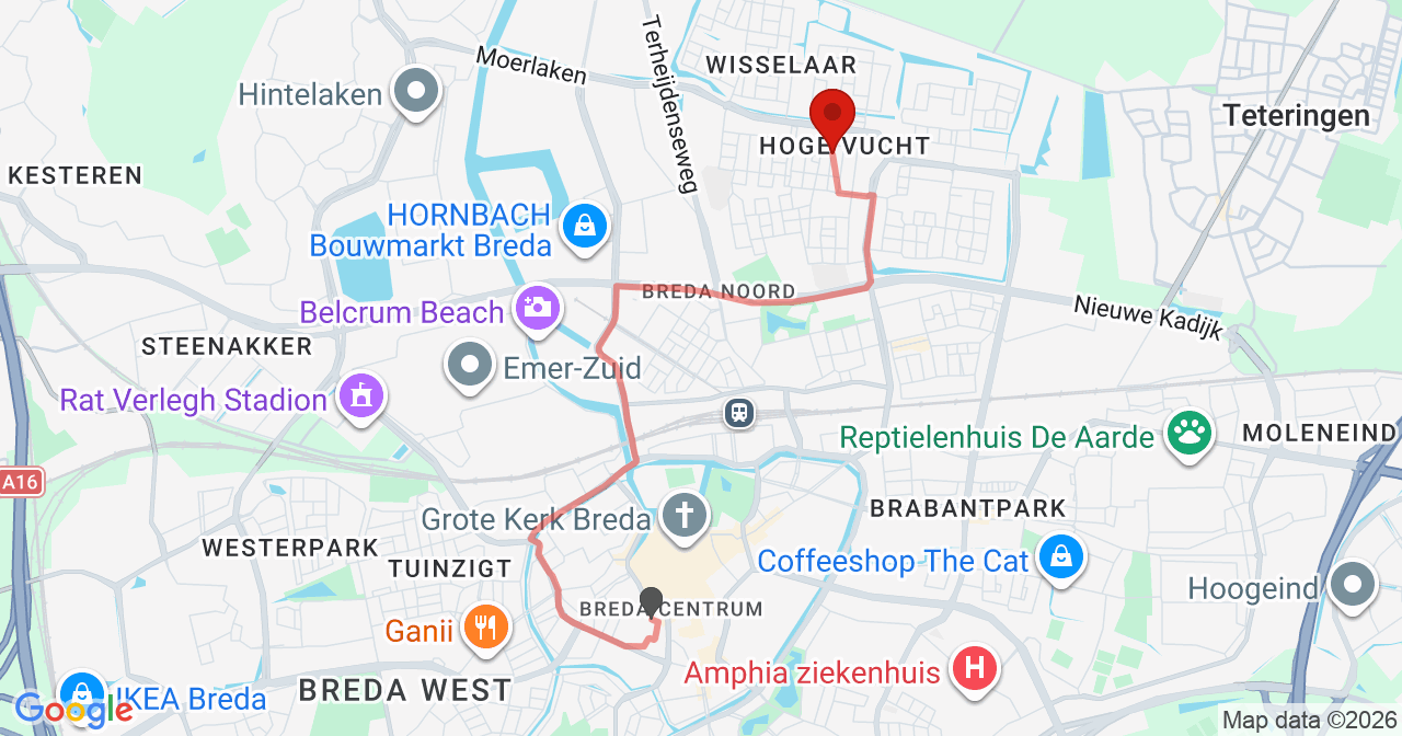 Kaart van het incident in Breda met de aanrijroutes van de gealarmeerde eenheden