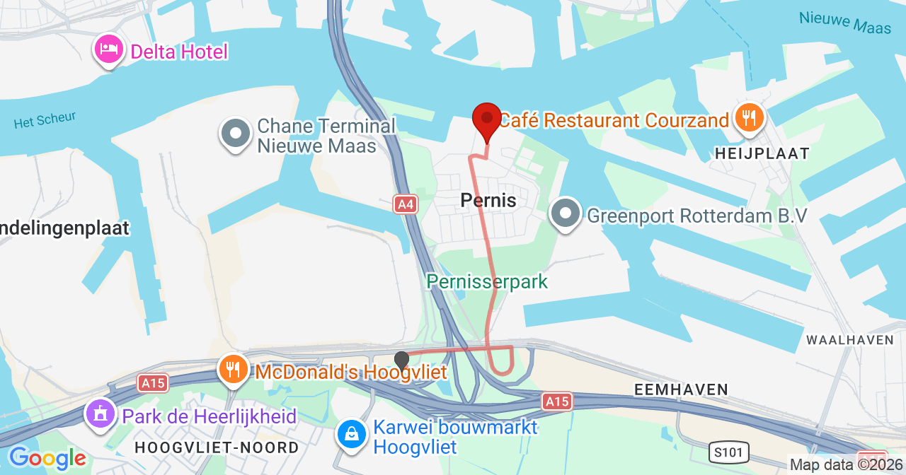 Kaart van het incident in Pernis Rotterdam met berekende routes vanaf gealarmeerde posten