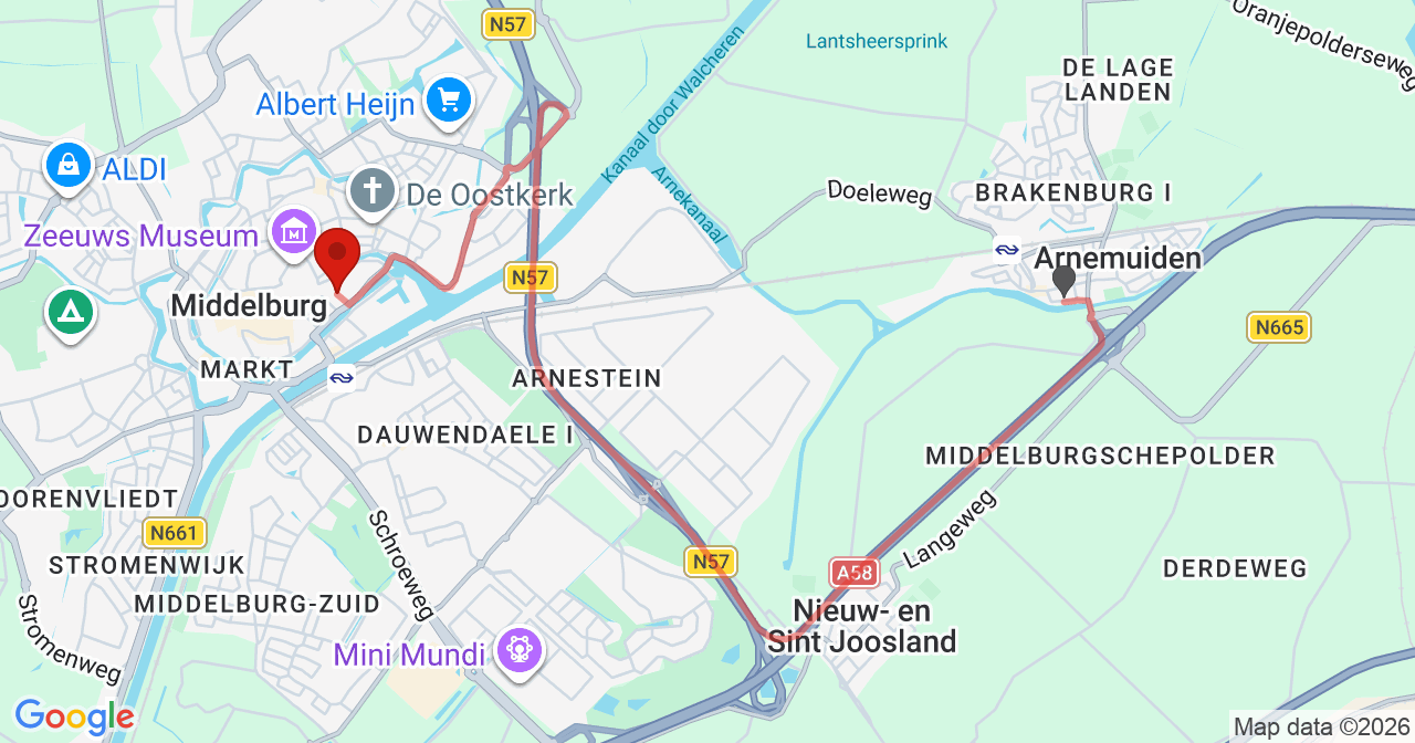 Kaart van het incident in Middelburg met berekende routes vanaf gealarmeerde posten