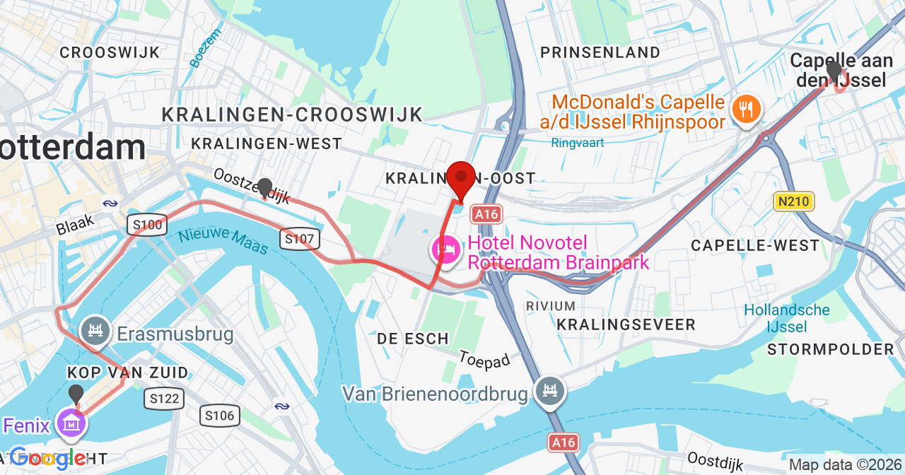 Kaart van het incident in Rotterdam met berekende routes vanaf gealarmeerde posten