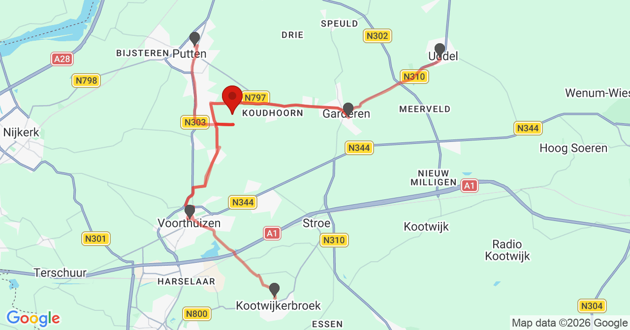 Kaart van het incident in Putten met de aanrijroutes van de gealarmeerde eenheden