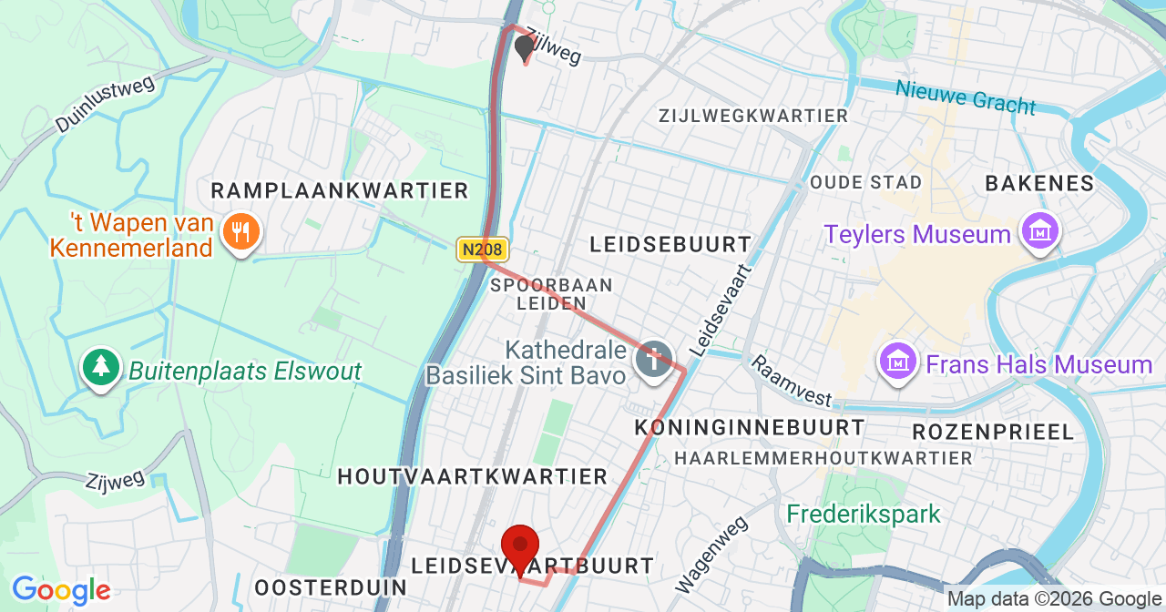 Kaart van het incident in Haarlem met berekende routes vanaf gealarmeerde posten