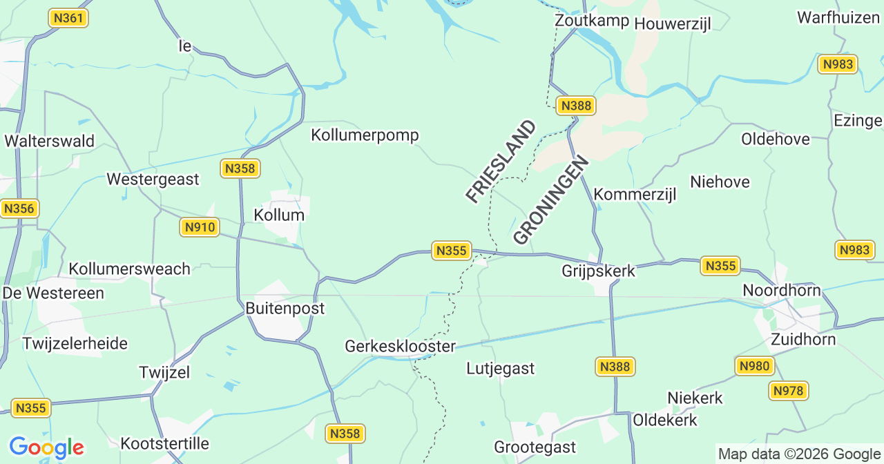 Kaart van het incident in Burum met berekende routes vanaf gealarmeerde posten