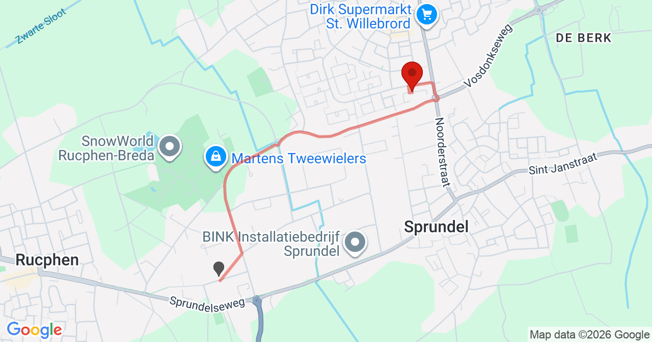 Kaart van het incident in St. Willebrord met de aanrijroutes van de gealarmeerde eenheden