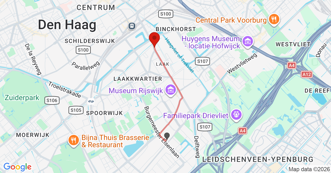 Kaart van het incident in 's-Gravenhage met berekende routes vanaf gealarmeerde posten