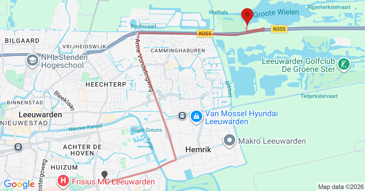 Kaart van het incident in Leeuwarden met berekende routes vanaf gealarmeerde posten