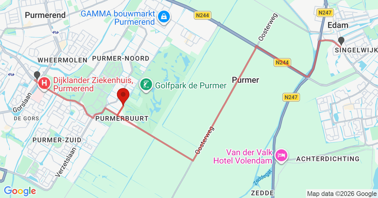 Kaart van het incident in Purmerend met berekende routes vanaf gealarmeerde posten