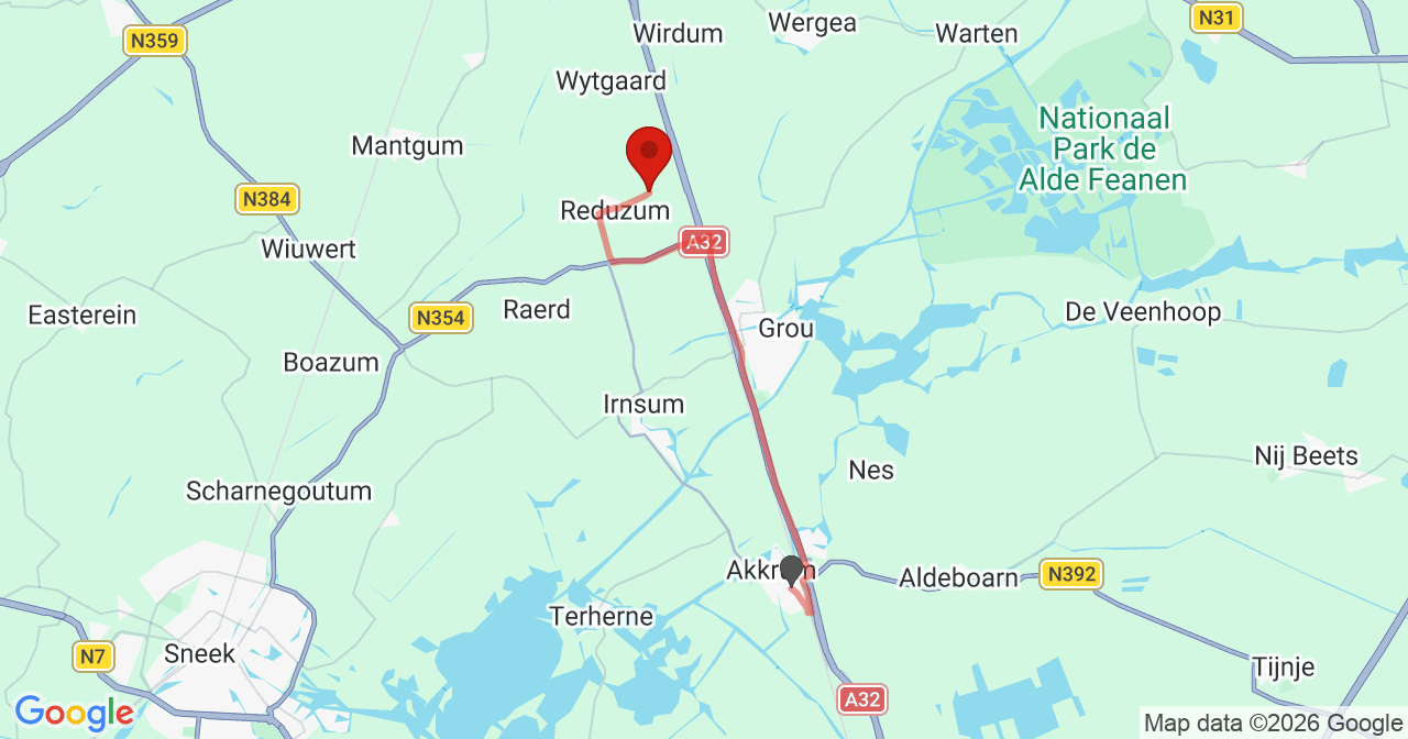 Kaart van het incident in Reduzum met berekende routes vanaf gealarmeerde posten