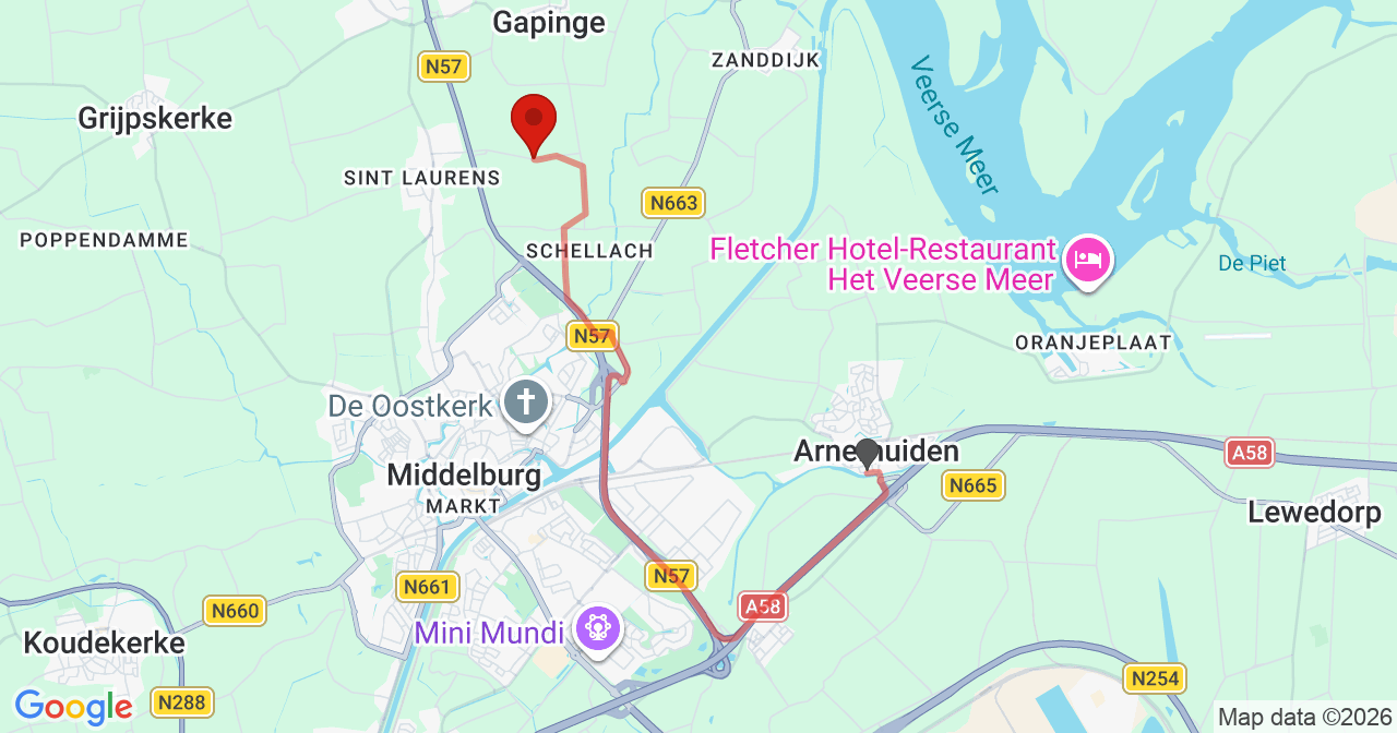 Kaart van het incident in Gapinge met berekende routes vanaf gealarmeerde posten