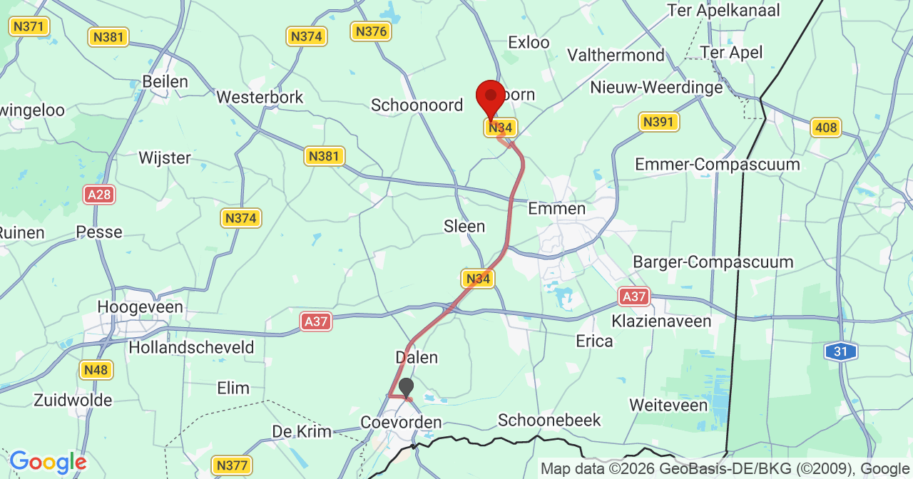 Kaart van het incident in Odoornerveen met berekende routes vanaf gealarmeerde posten