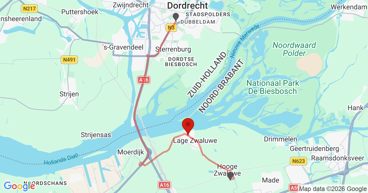 Kaart van het incident in Lage Zwaluwe met de aanrijroutes van de gealarmeerde eenheden