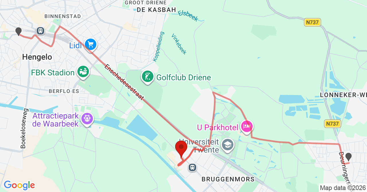 Kaart van het incident in Enschede met berekende routes vanaf gealarmeerde posten