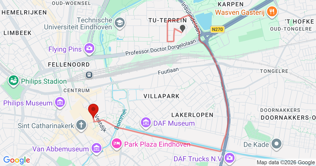 Kaart van het incident in Eindhoven met berekende routes vanaf gealarmeerde posten