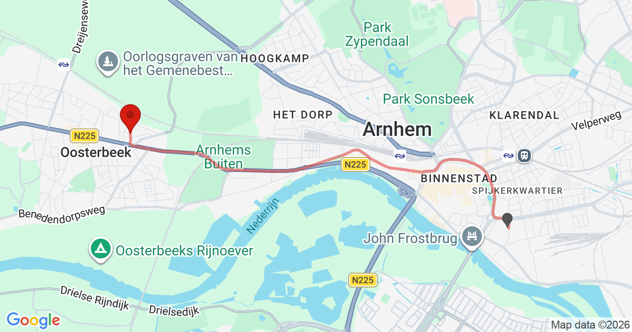 Kaart van het incident in Oosterbeek met berekende routes vanaf gealarmeerde posten