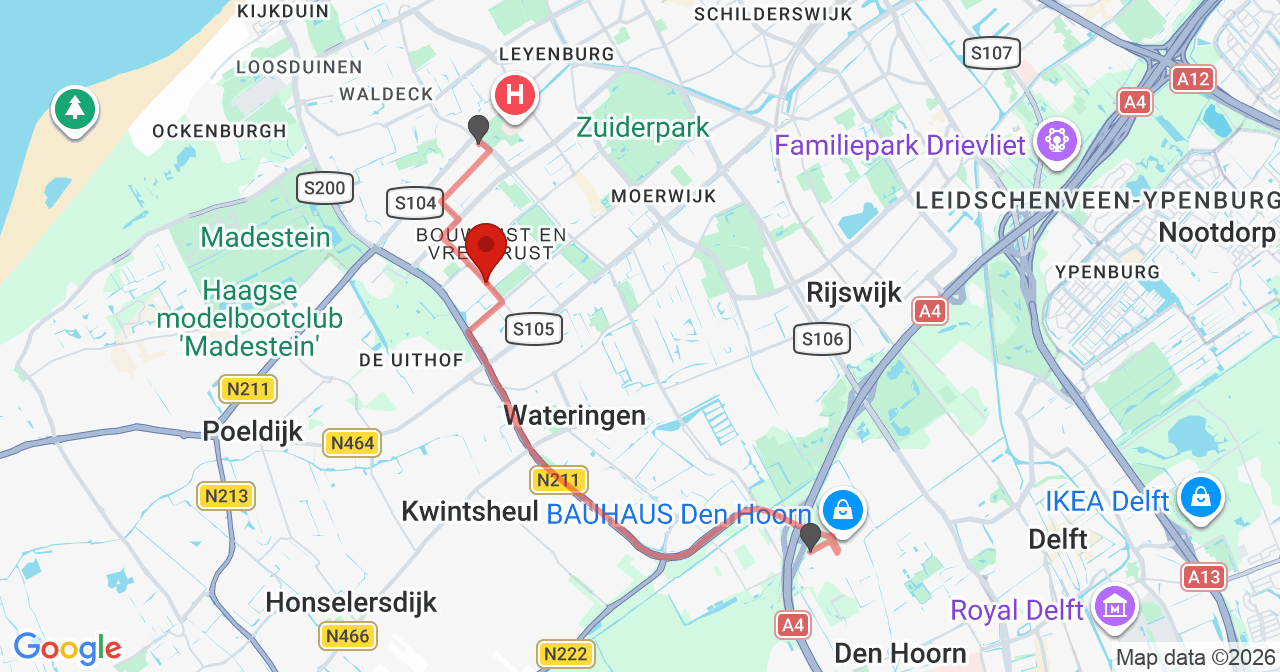 Kaart van het incident in 's-Gravenhage met berekende routes vanaf gealarmeerde posten