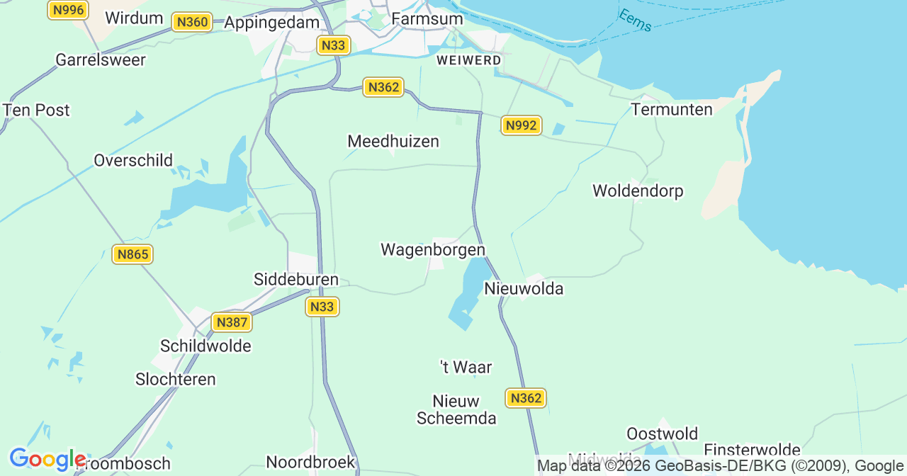 Kaart van het incident in Wagenborgen met berekende routes vanaf gealarmeerde posten