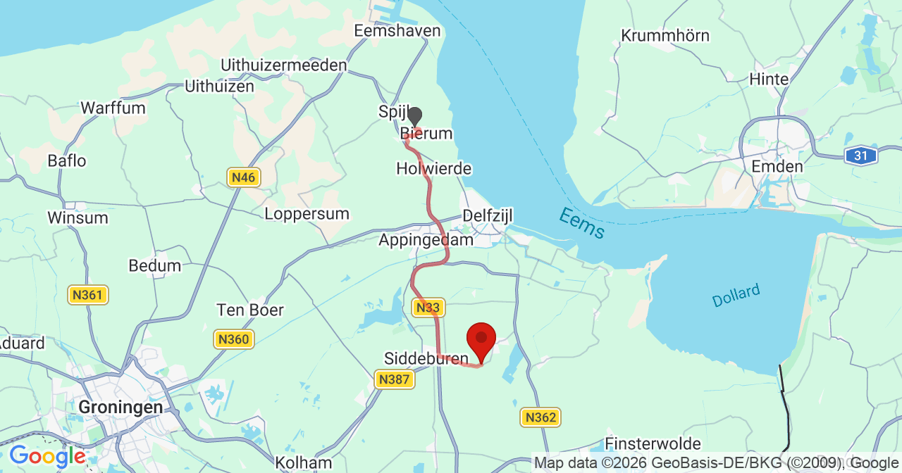 Kaart van het incident in Wagenborgen met berekende routes vanaf gealarmeerde posten