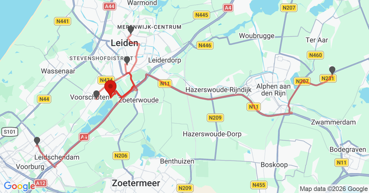 Kaart van het incident in Leidschendam met berekende routes vanaf gealarmeerde posten