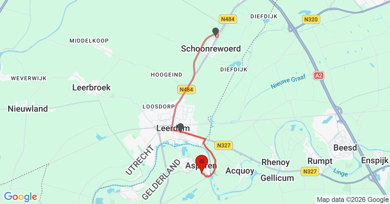 Kaart van het incident in Asperen met de aanrijroutes van de gealarmeerde eenheden