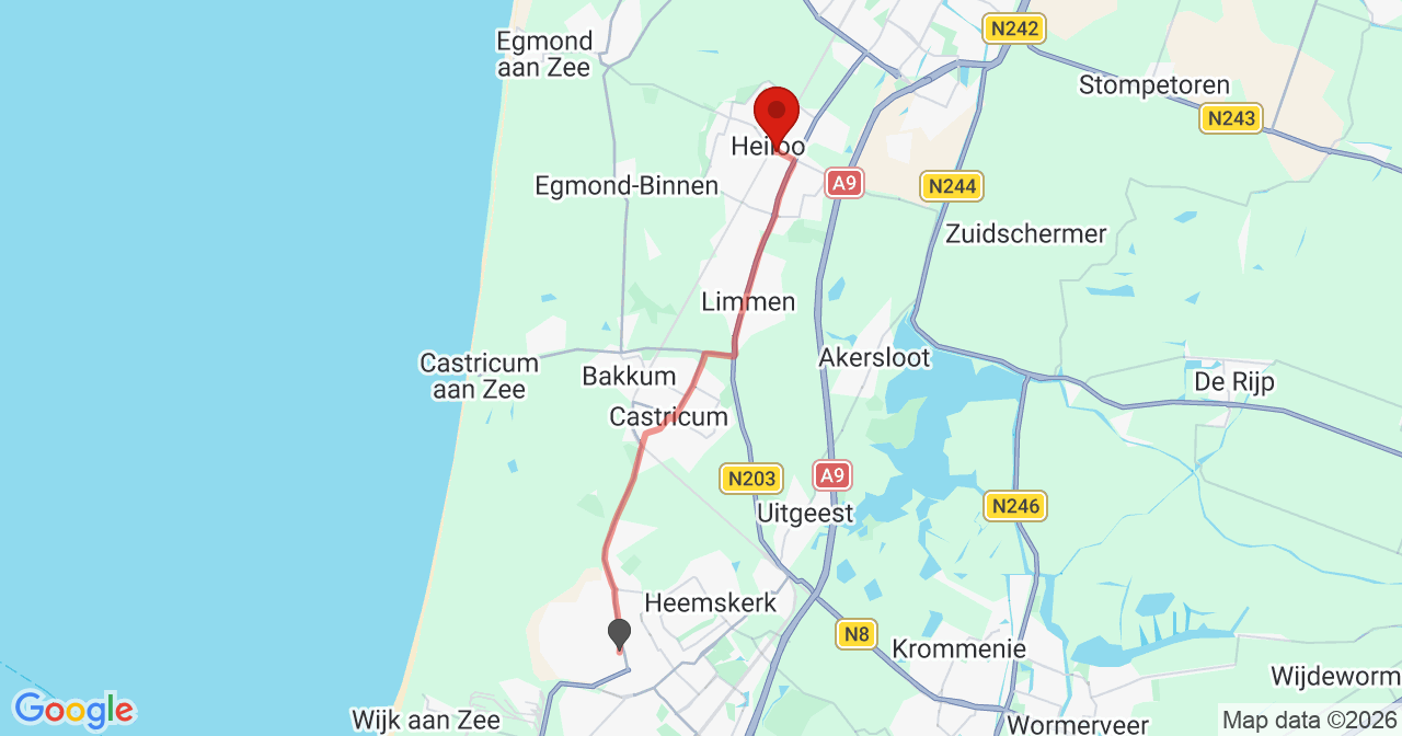 Kaart van het incident in Heiloo met de aanrijroutes van de gealarmeerde eenheden