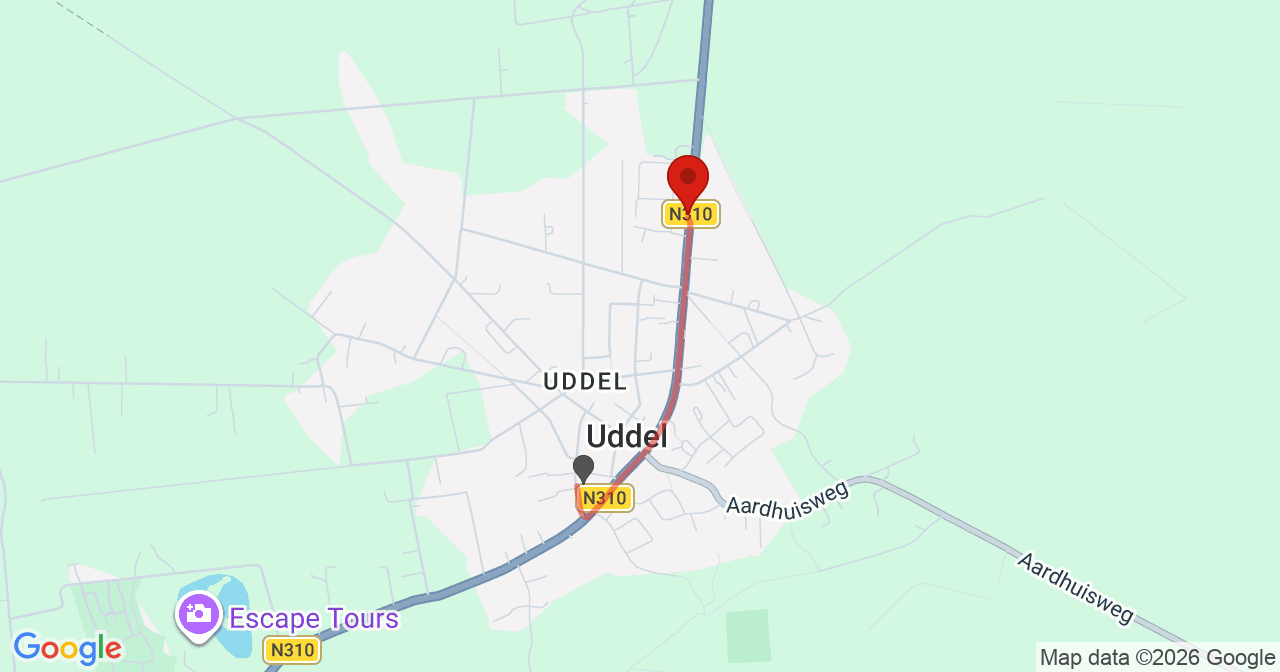 Kaart van het incident in Uddel met berekende routes vanaf gealarmeerde posten